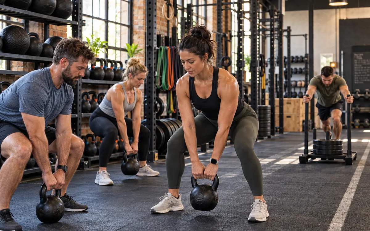 Members training with kettlebells in a busy gym