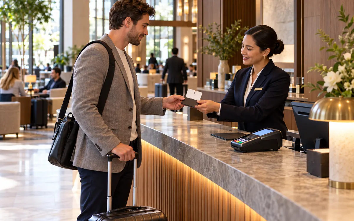 Hotel front desk agent checking in a guest with a card terminal