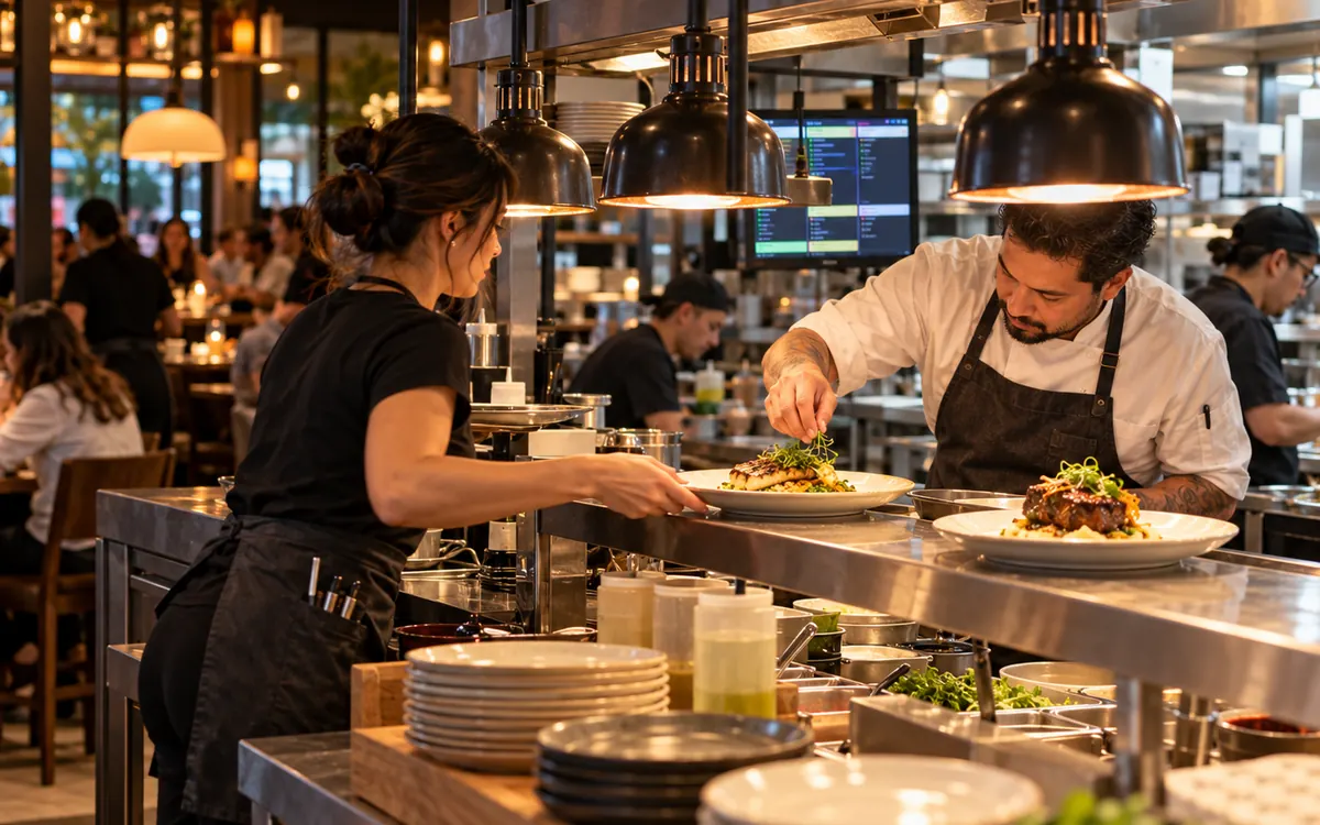 Cafe team plating dishes at a busy restaurant pass
